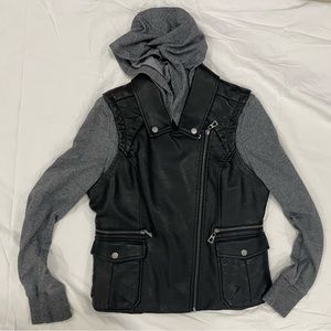 BNCI by Blanc Noir Faux Leather Black Fitted Moto Jacket w/ Hood - Size Large